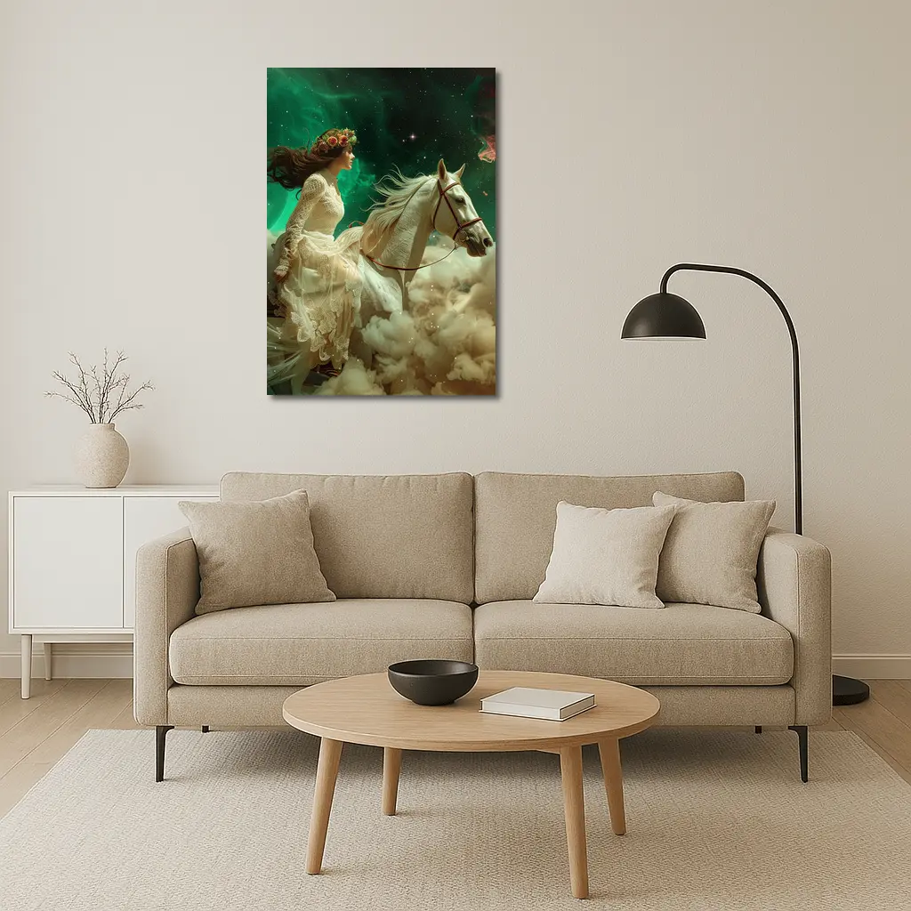 Woman Riding White Horse Starry Sky – Wall Art