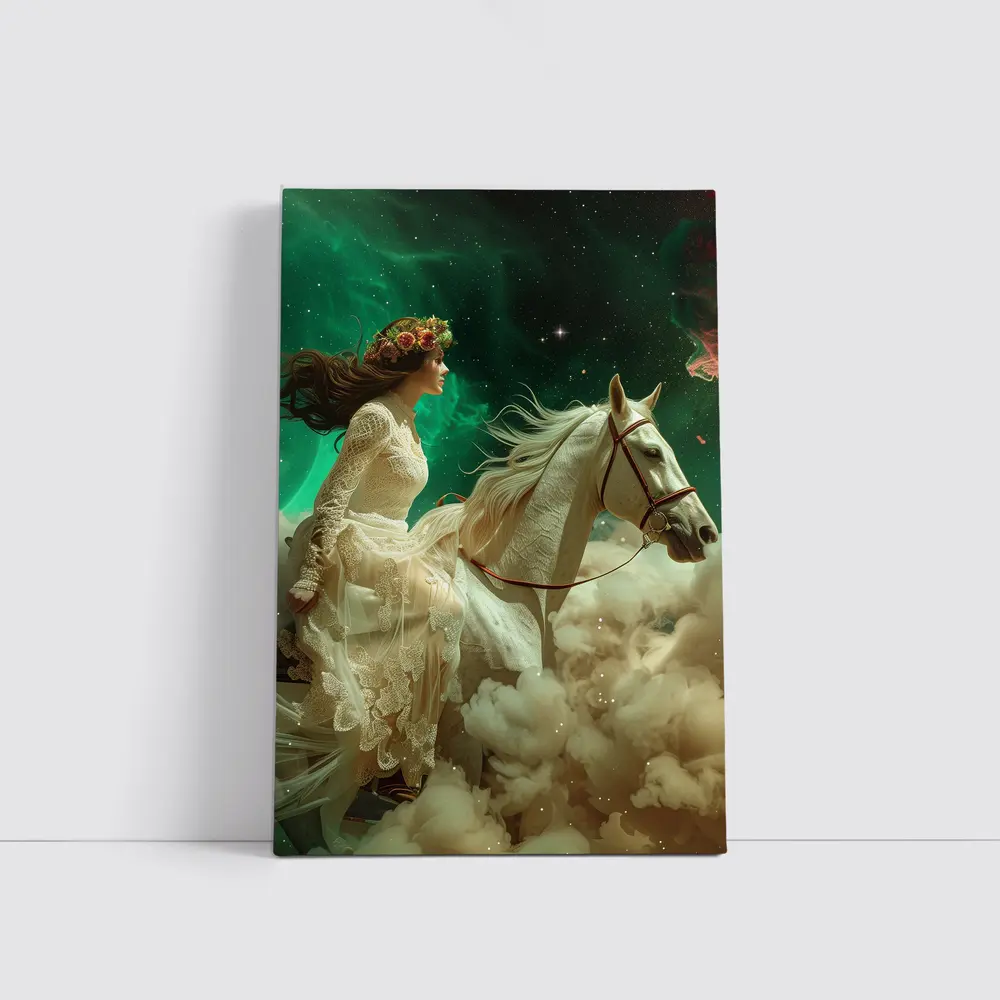 Woman Riding White Horse Starry Sky – Wall Art