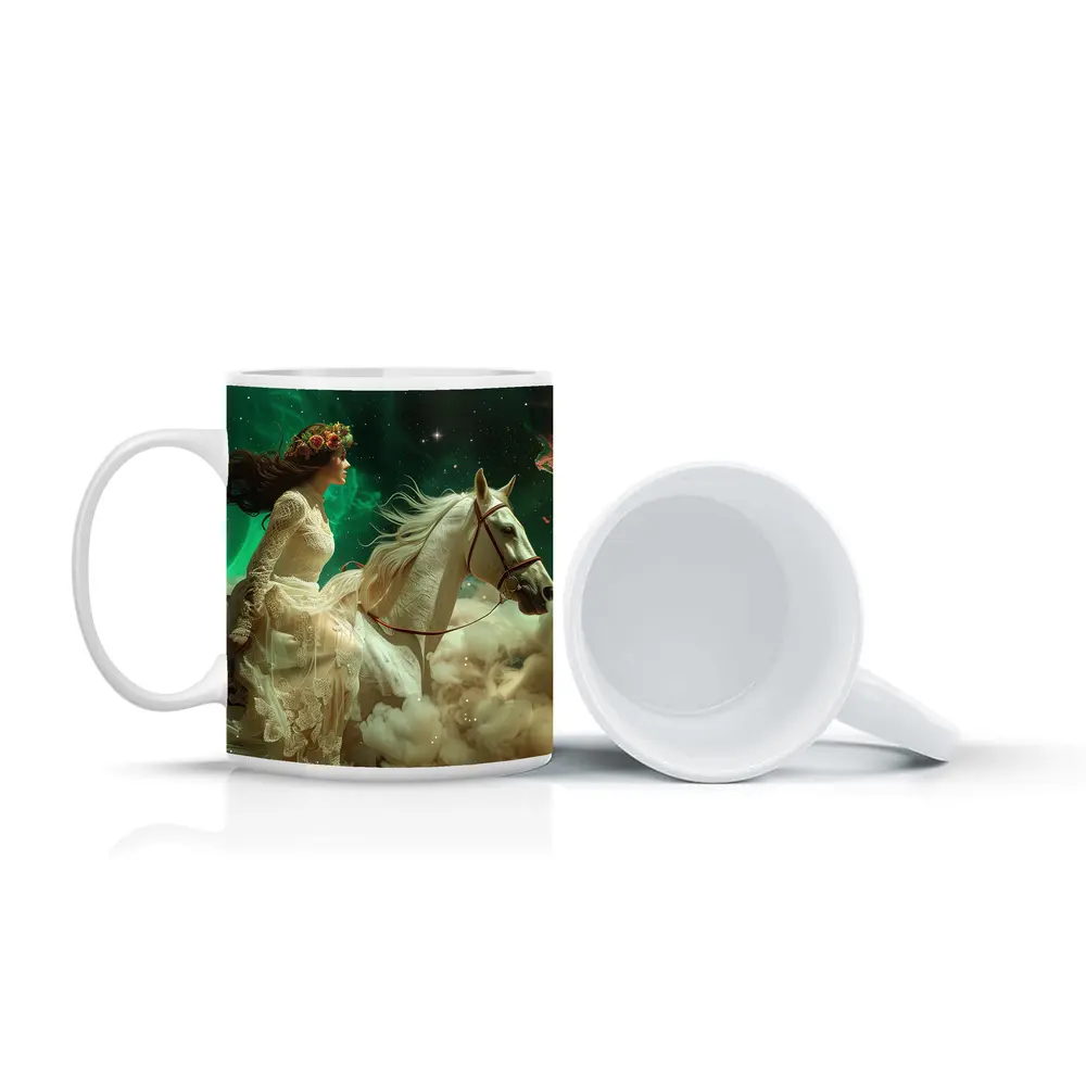 Woman Riding White Horse Starry Sky – Mugs