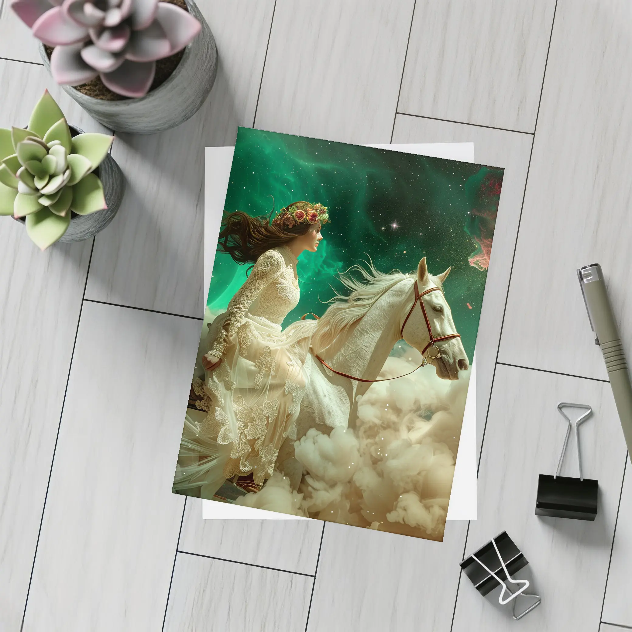 Woman Riding White Horse Starry Sky – Postcards