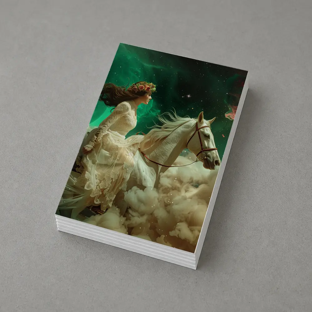 Woman Riding White Horse Starry Sky – Postcards