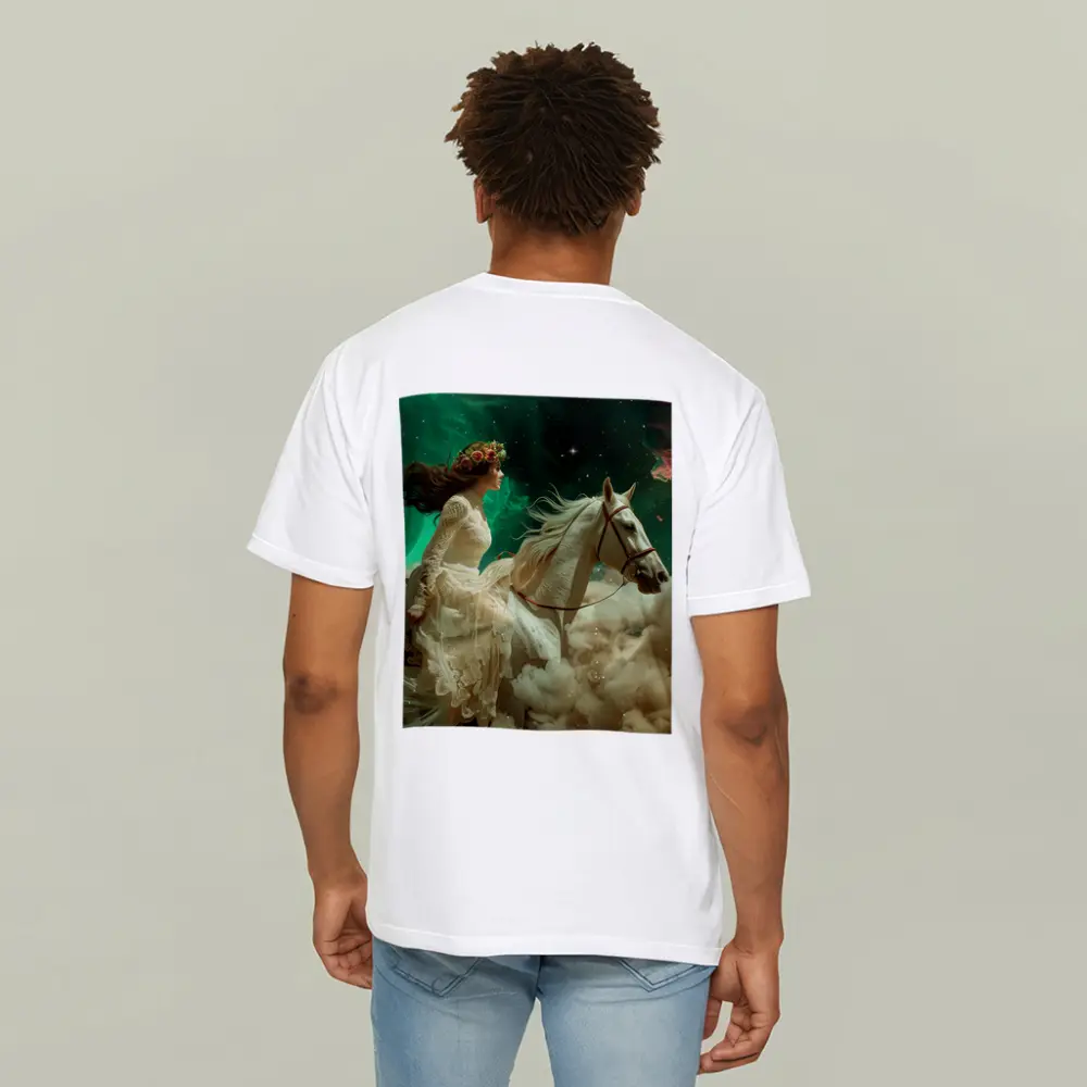 Woman Riding White Horse Starry Sky – T-Shirts