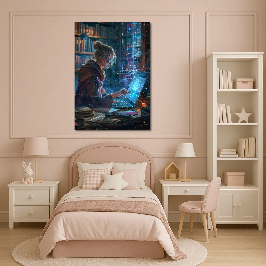 Woman Coding Glowing Tech Library Digital Art – Wall Art