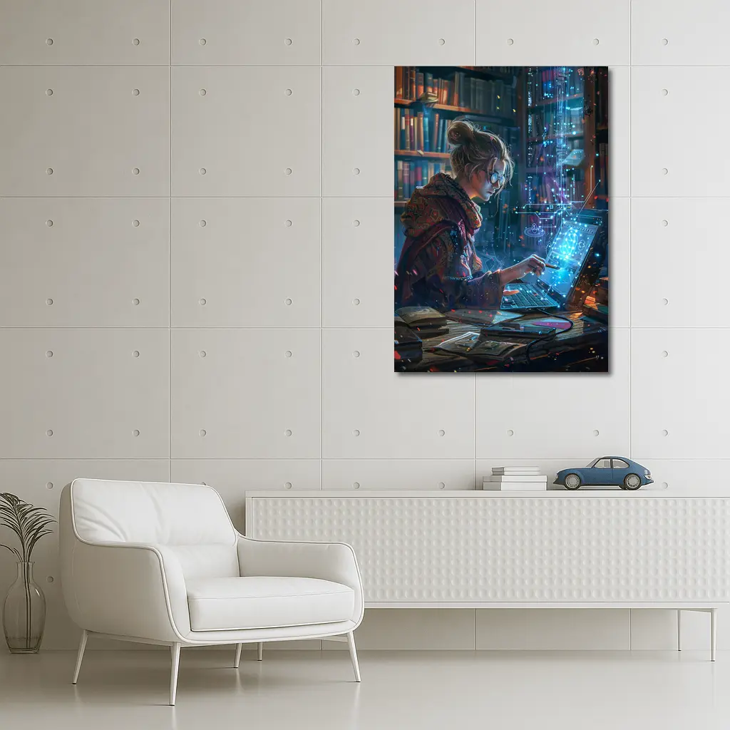 Woman Coding Glowing Tech Library Digital Art – Wall Art