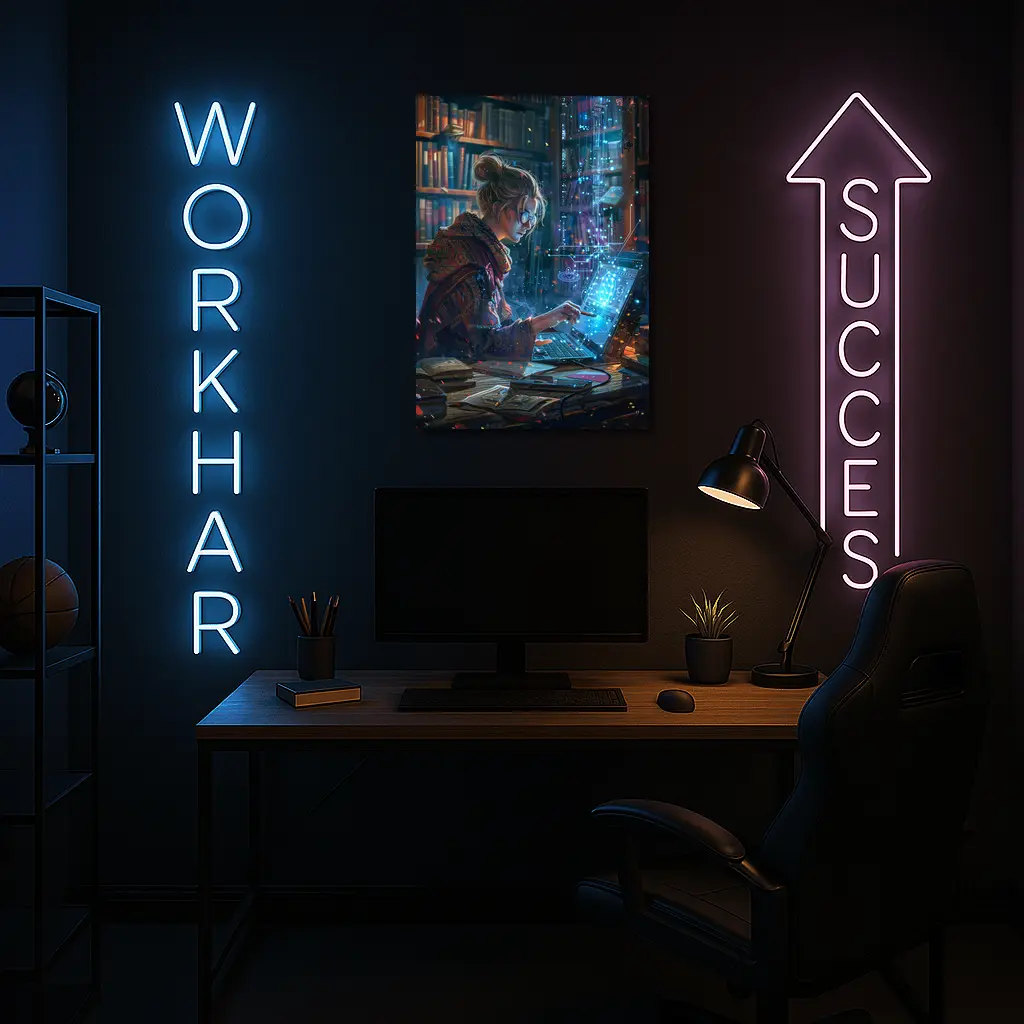 Woman Coding Glowing Tech Library Digital Art – Wall Art