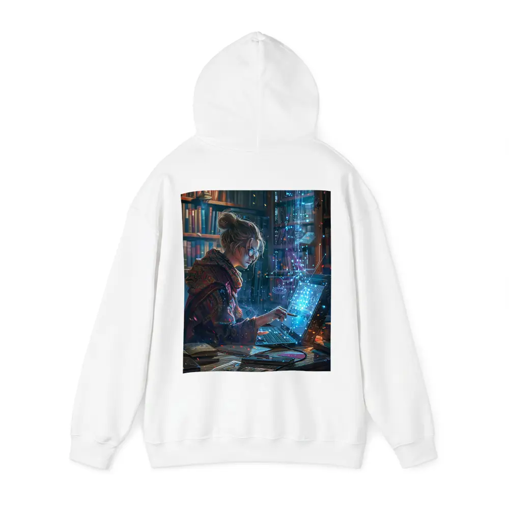 Woman Coding Glowing Tech Library Digital Art – Hoodies