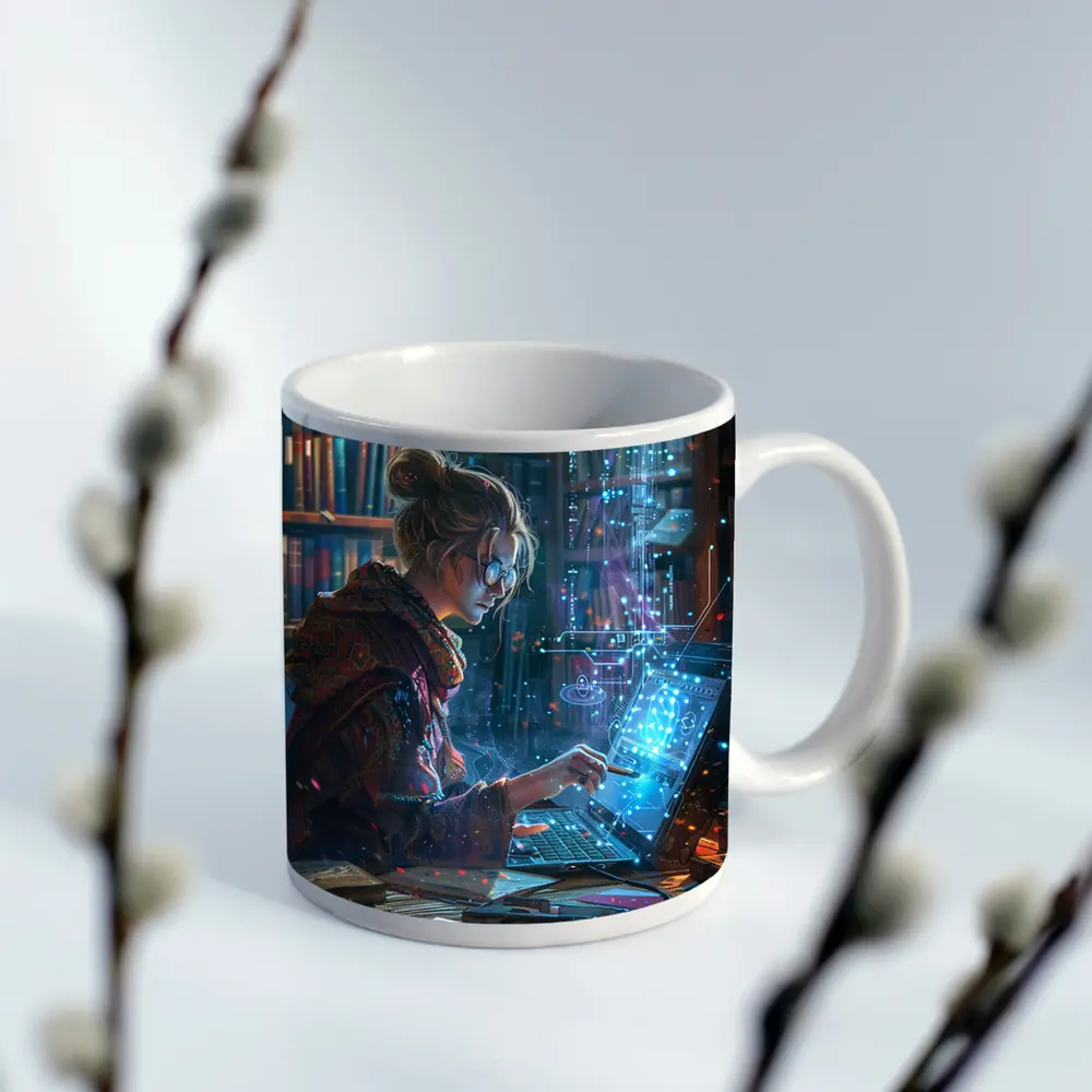 Woman Coding Glowing Tech Library Digital Art – Mugs