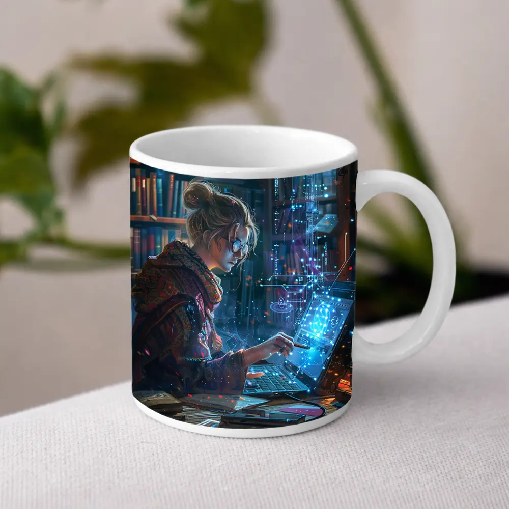 Woman Coding Glowing Tech Library Digital Art – Mugs
