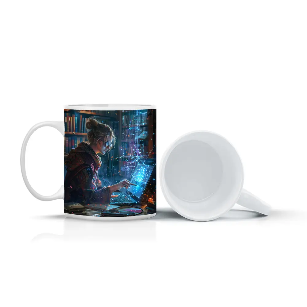 Woman Coding Glowing Tech Library Digital Art – Mugs