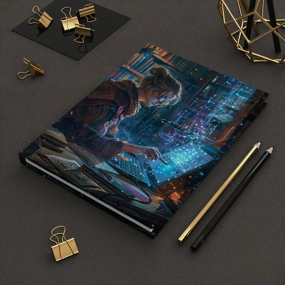 Woman Coding Glowing Tech Library Digital Art – Notebooks