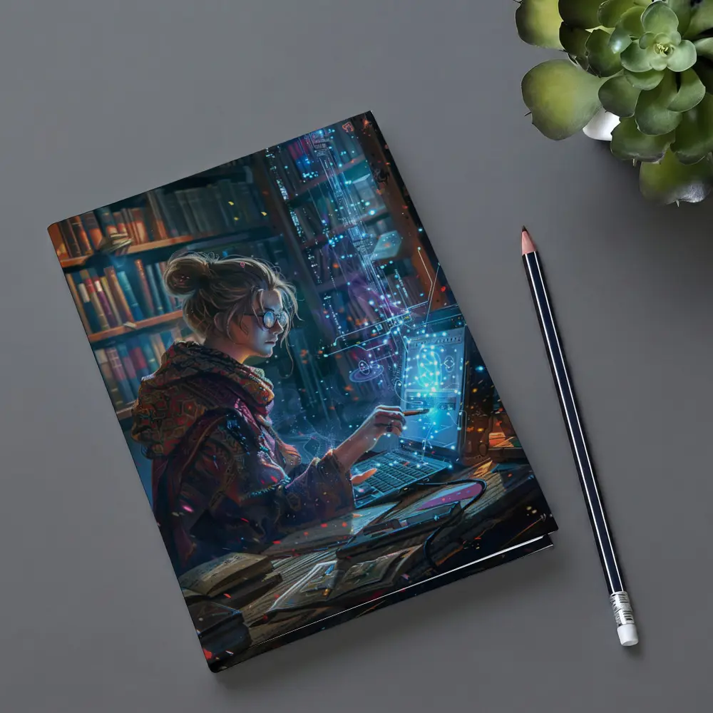 Woman Coding Glowing Tech Library Digital Art – Notebooks