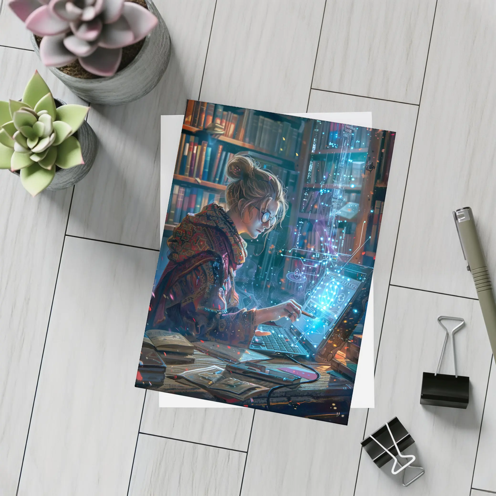 Woman Coding Glowing Tech Library Digital Art – Postcards