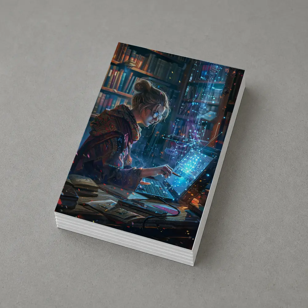 Woman Coding Glowing Tech Library Digital Art – Postcards