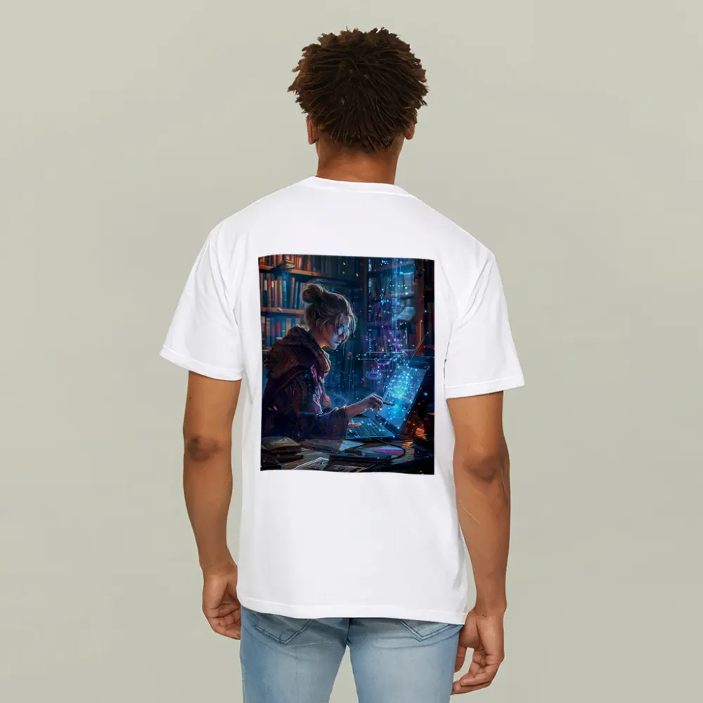 Woman Coding Glowing Tech Library Digital Art – T-Shirts