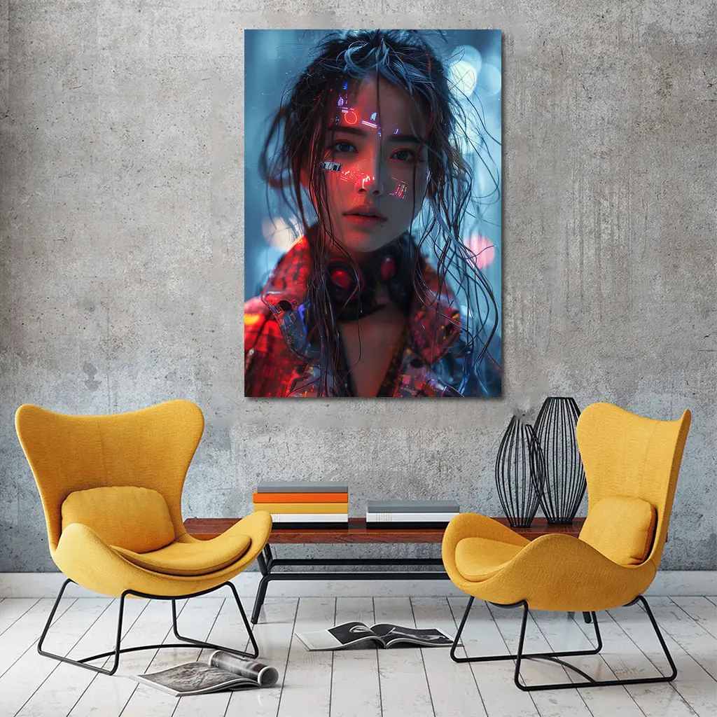 Cyberpunk Girl Neon Lights Rainy Night – Wall Art