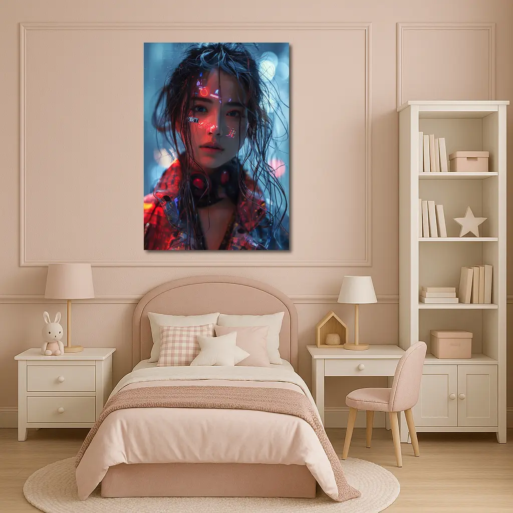 Cyberpunk Girl Neon Lights Rainy Night – Wall Art