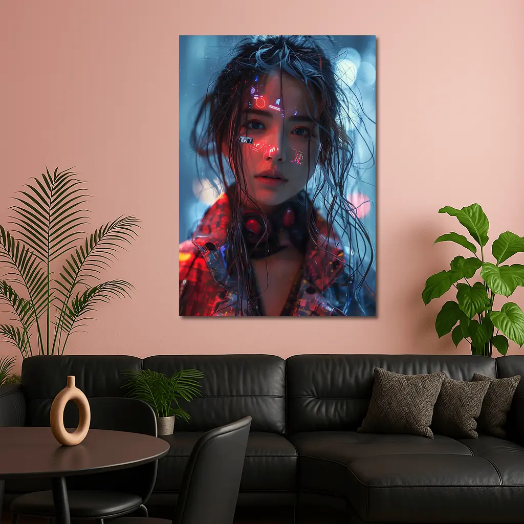 Cyberpunk Girl Neon Lights Rainy Night – Wall Art