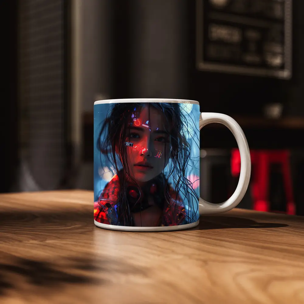 Cyberpunk Girl Neon Lights Rainy Night – Mugs