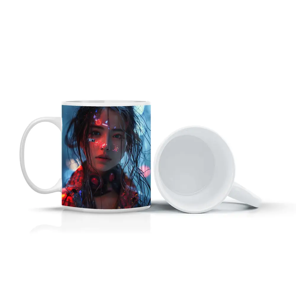 Cyberpunk Girl Neon Lights Rainy Night – Mugs