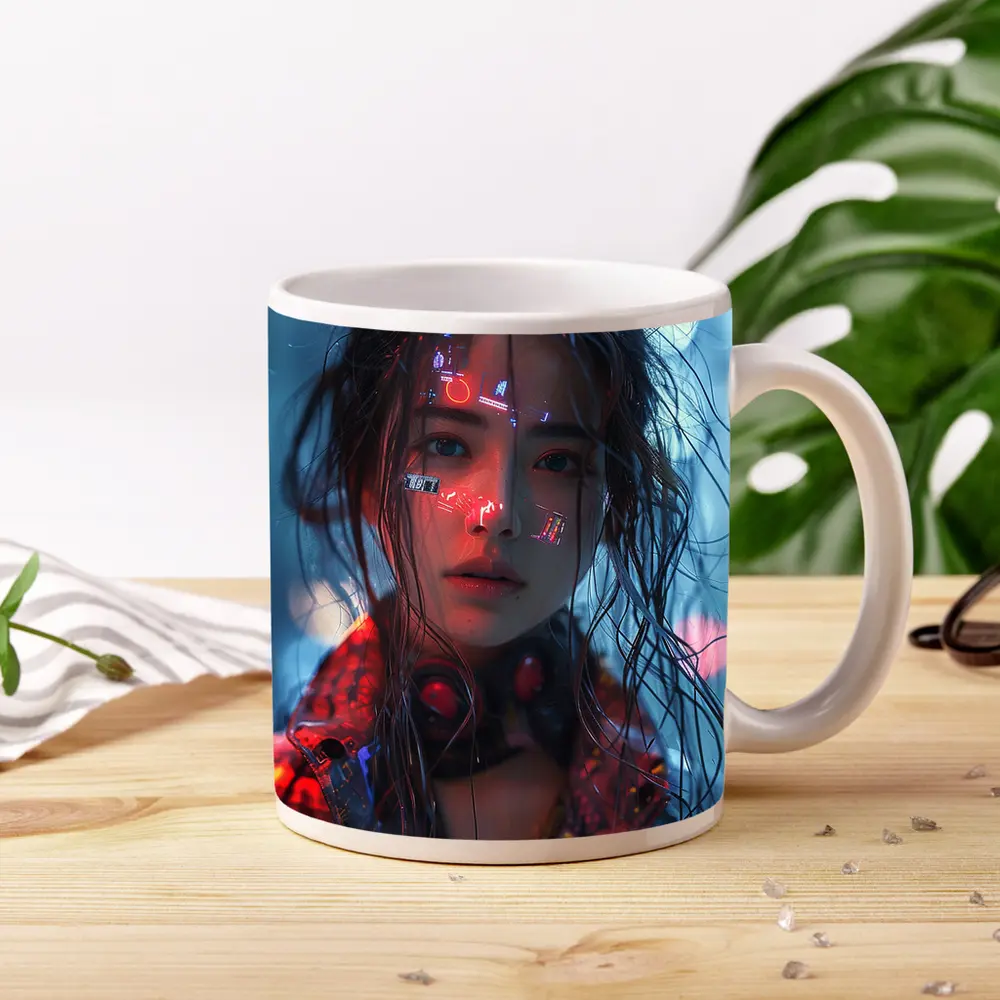 Cyberpunk Girl Neon Lights Rainy Night – Mugs