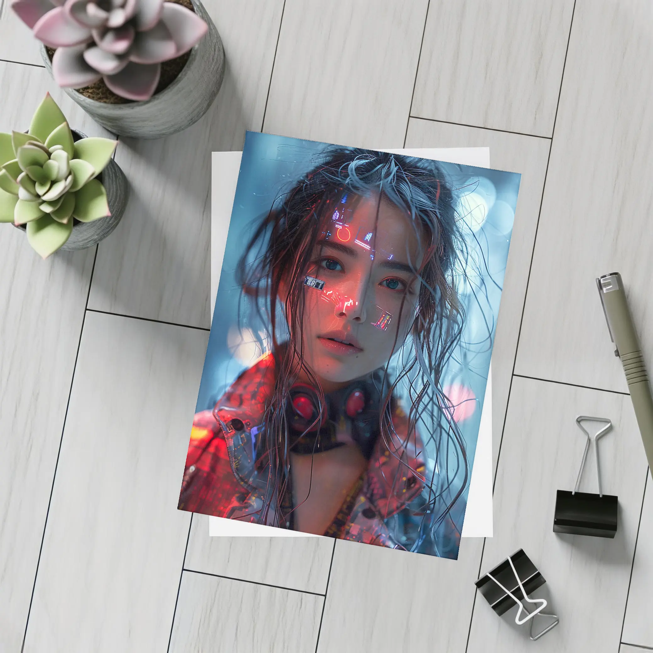 Cyberpunk Girl Neon Lights Rainy Night – Postcards