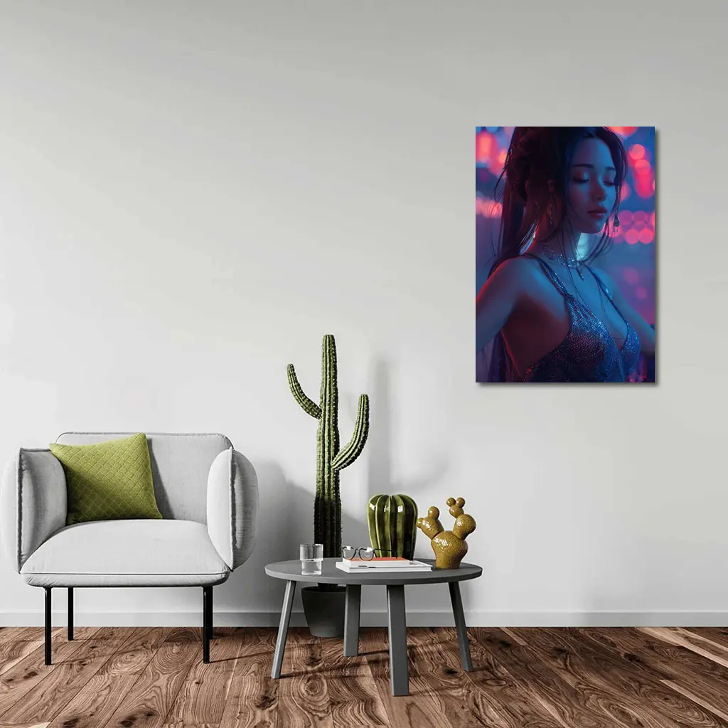 Woman in Glitter Dress Neon Bokeh Lights – Wall Art