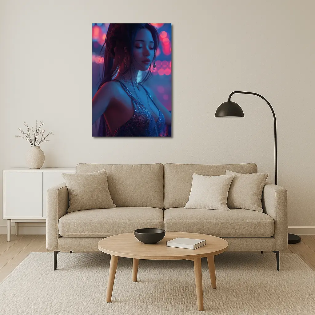 Woman in Glitter Dress Neon Bokeh Lights – Wall Art