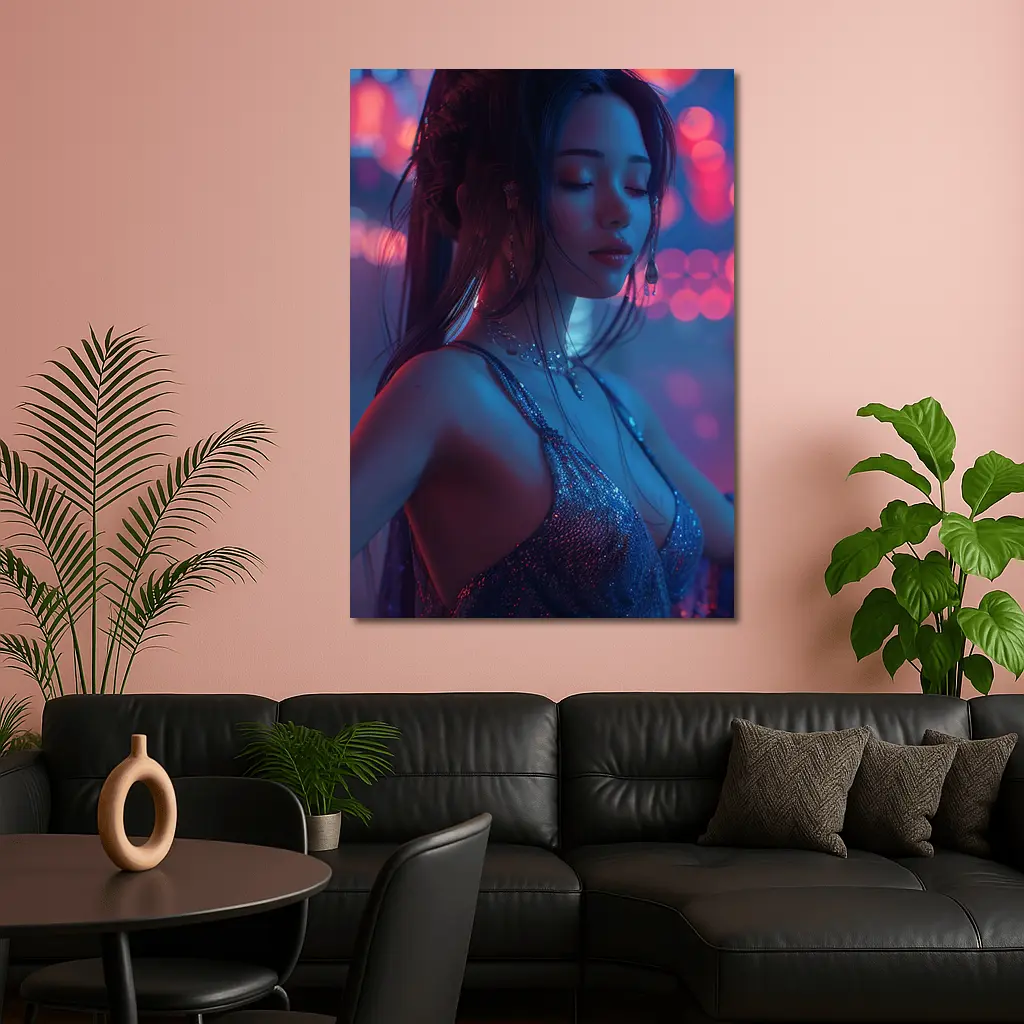 Woman in Glitter Dress Neon Bokeh Lights – Wall Art