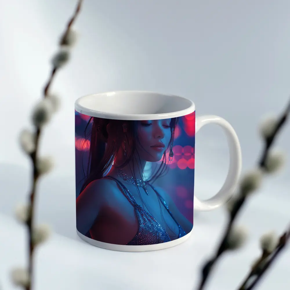 Woman in Glitter Dress Neon Bokeh Lights – Mugs