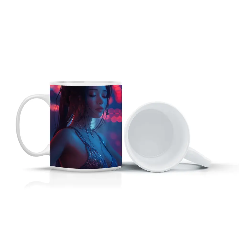 Woman in Glitter Dress Neon Bokeh Lights – Mugs