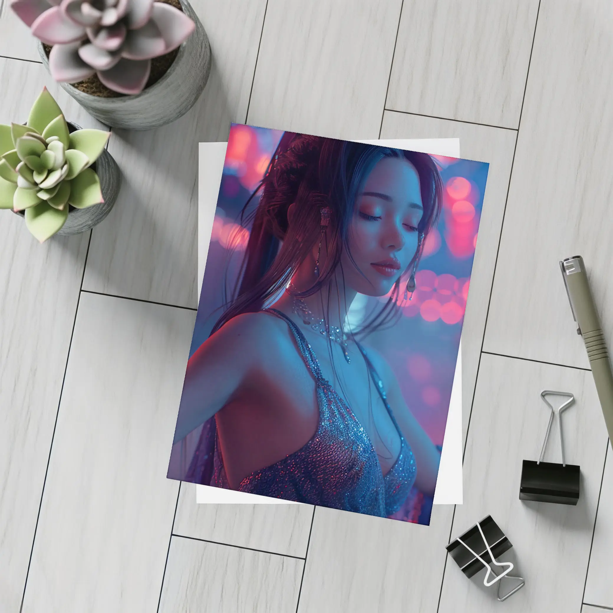 Woman in Glitter Dress Neon Bokeh Lights – Postcards