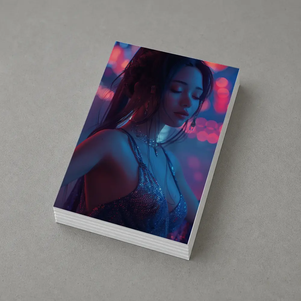 Woman in Glitter Dress Neon Bokeh Lights – Postcards