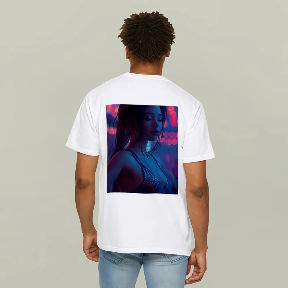 Woman in Glitter Dress Neon Bokeh Lights – T-Shirts