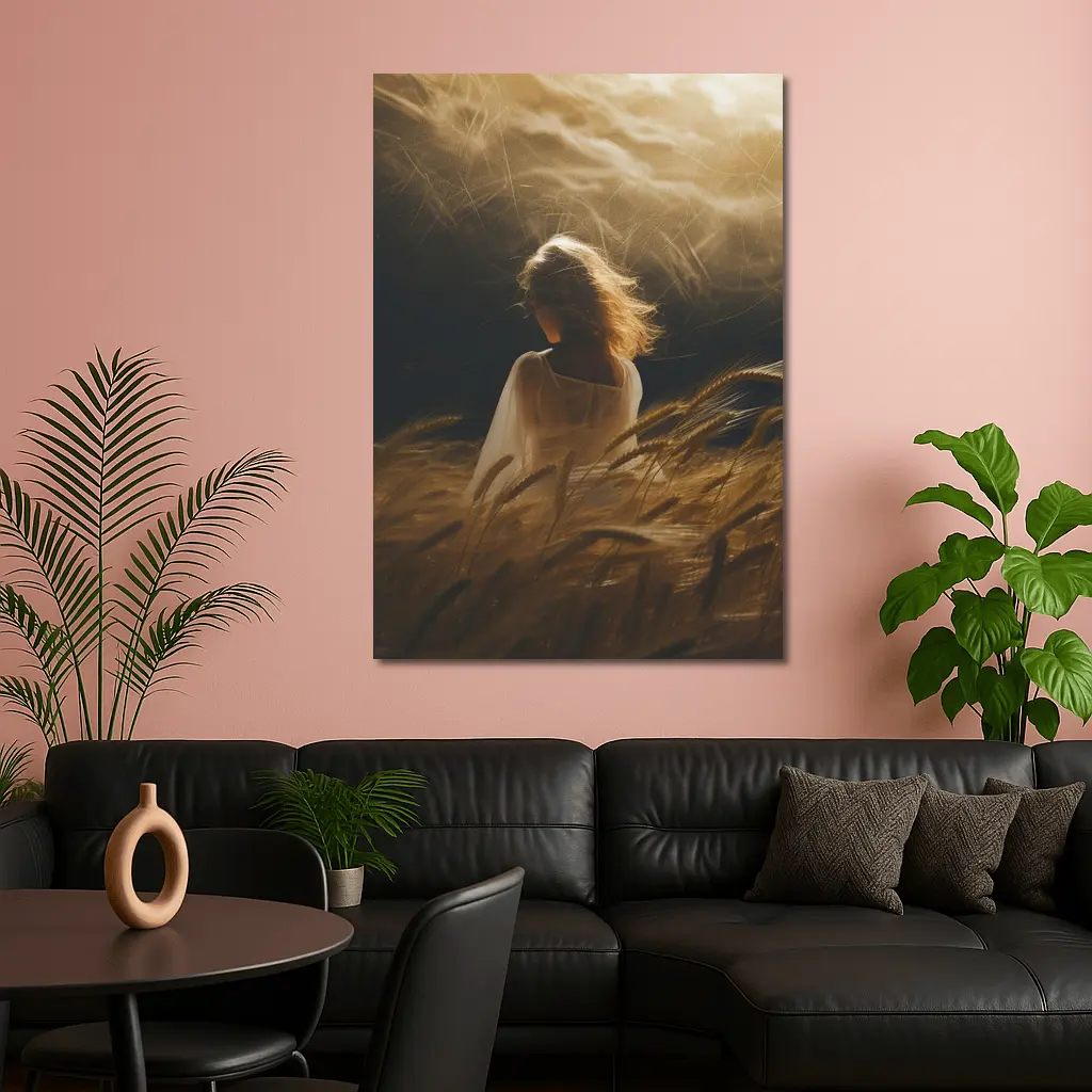 Woman in White Wheat Field Golden Light – Wall Art