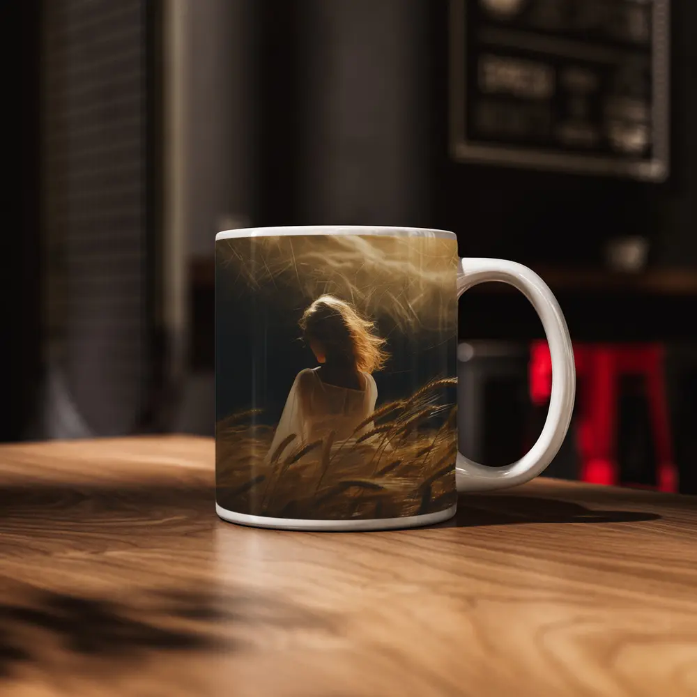 Woman in White Wheat Field Golden Light – Mugs