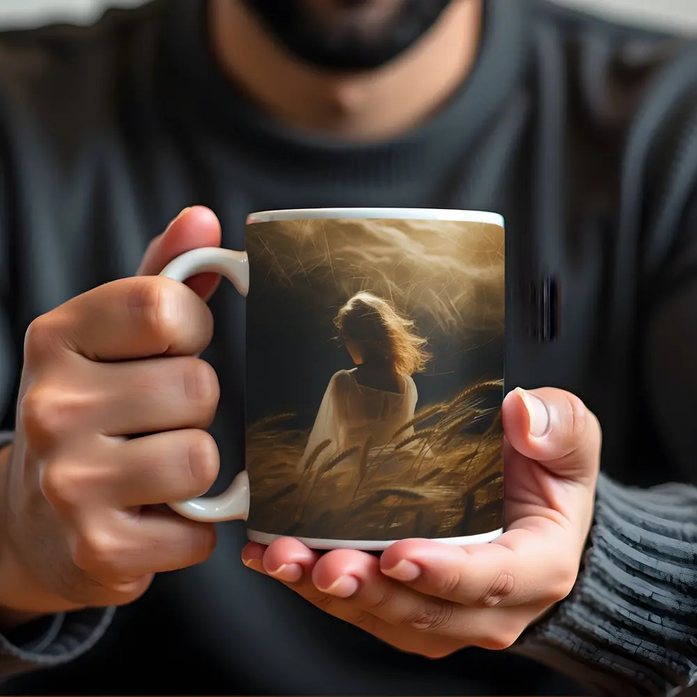 Woman in White Wheat Field Golden Light – Mugs