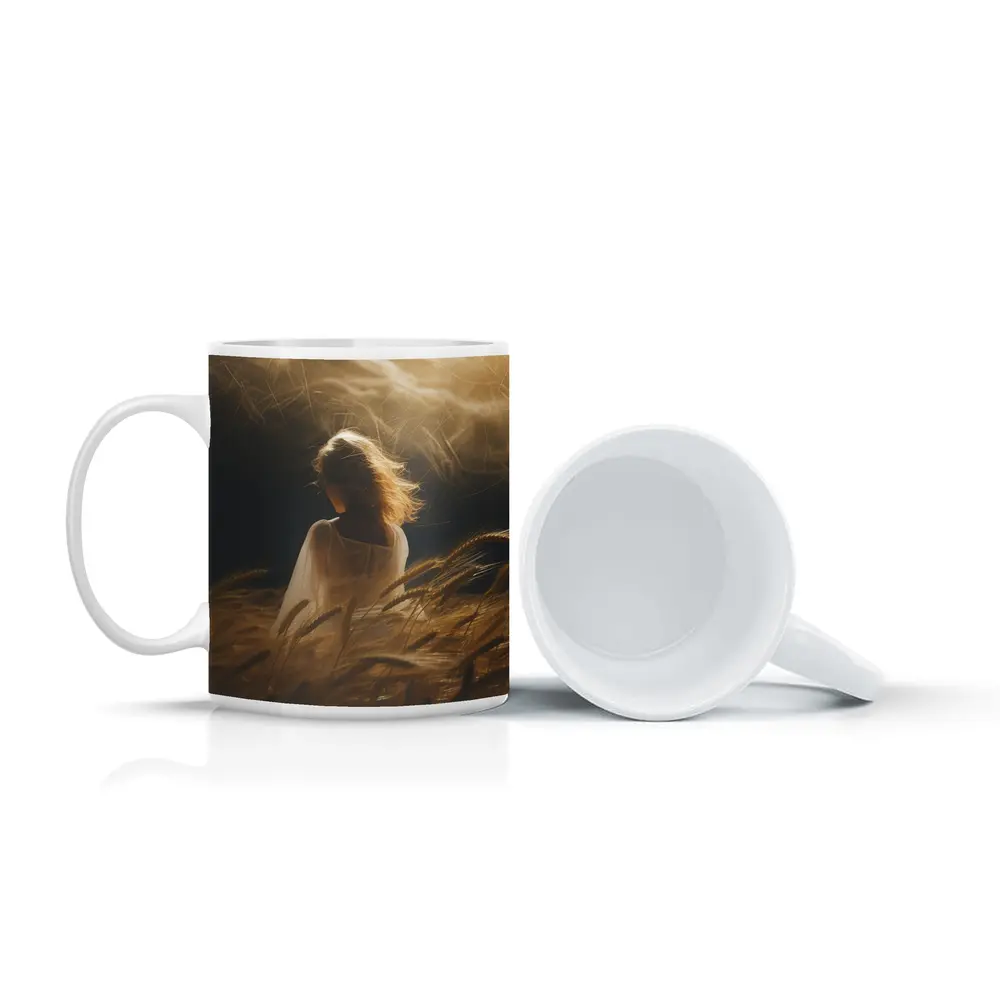 Woman in White Wheat Field Golden Light – Mugs