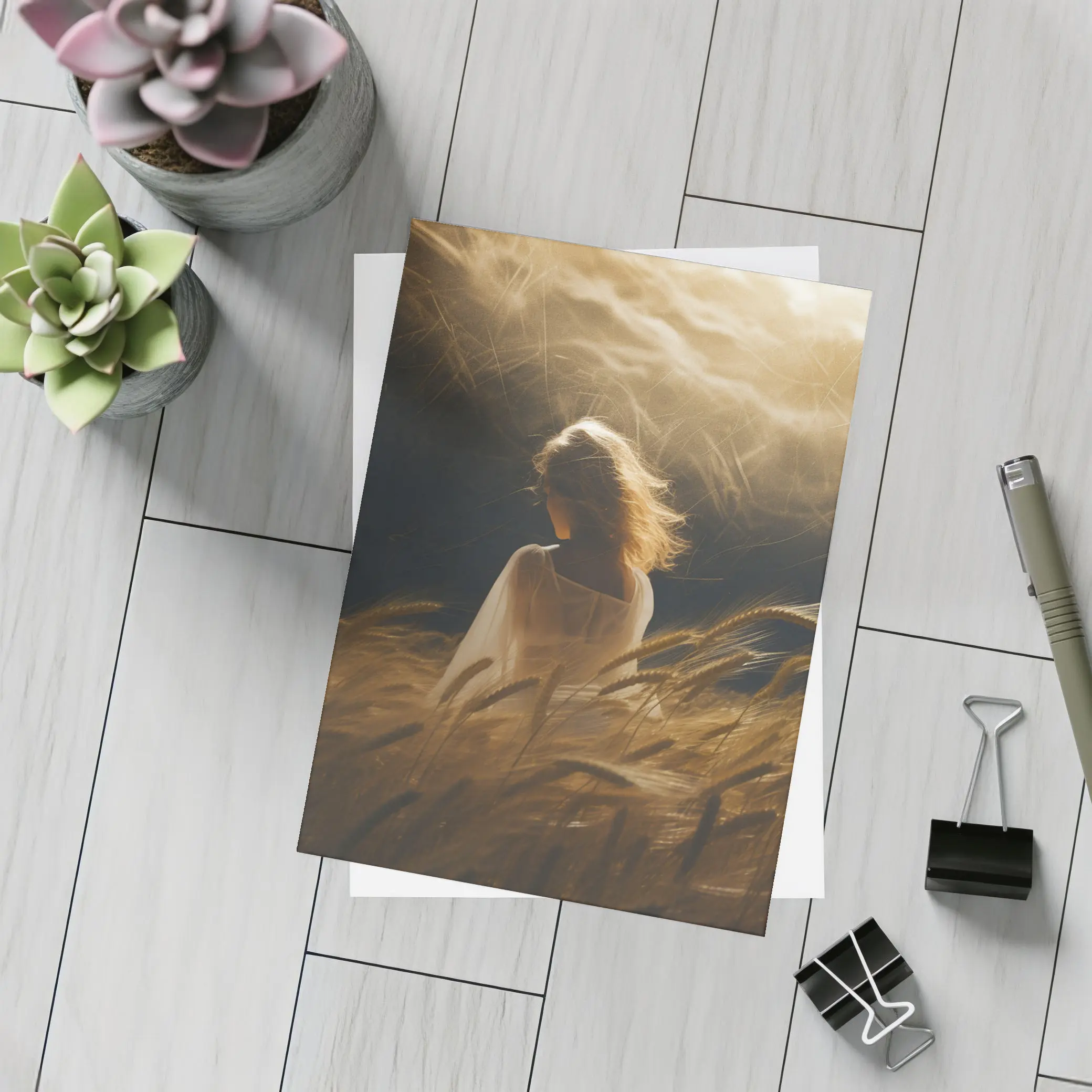 Woman in White Wheat Field Golden Light – Postcards