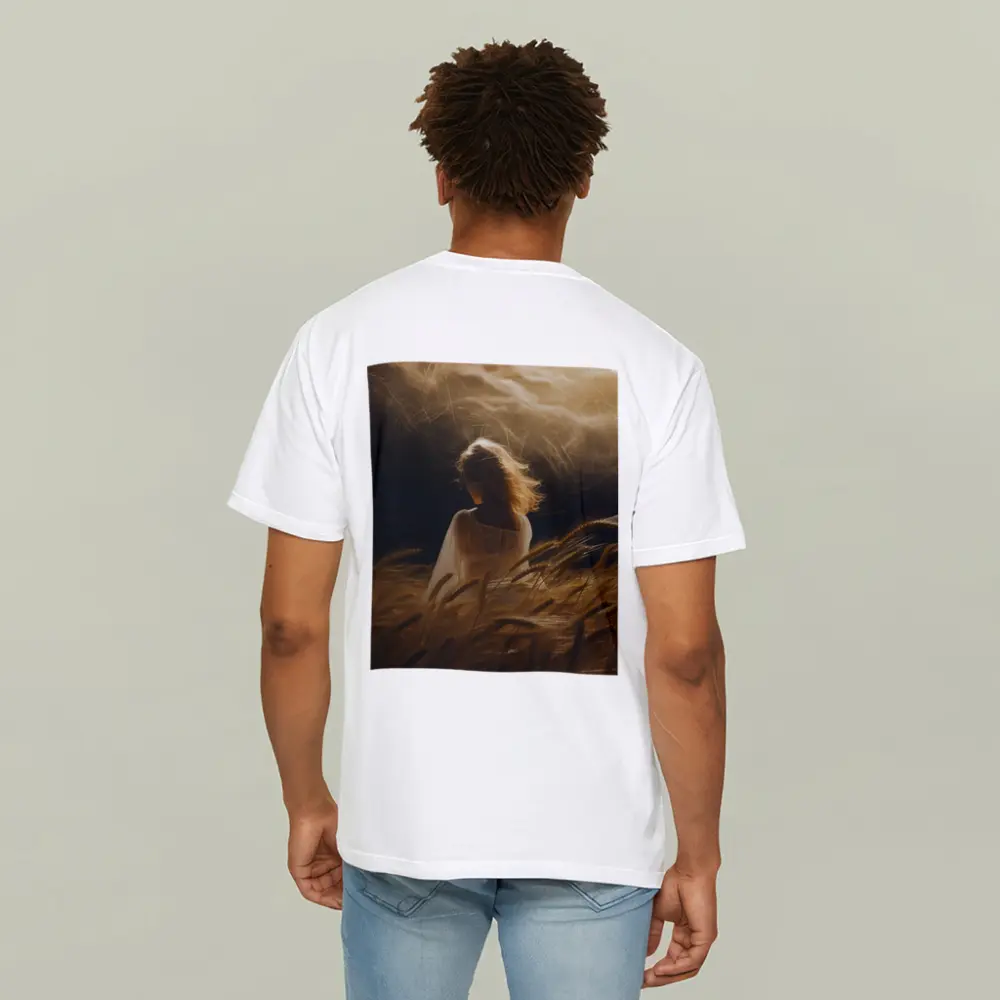Woman in White Wheat Field Golden Light – T-Shirts