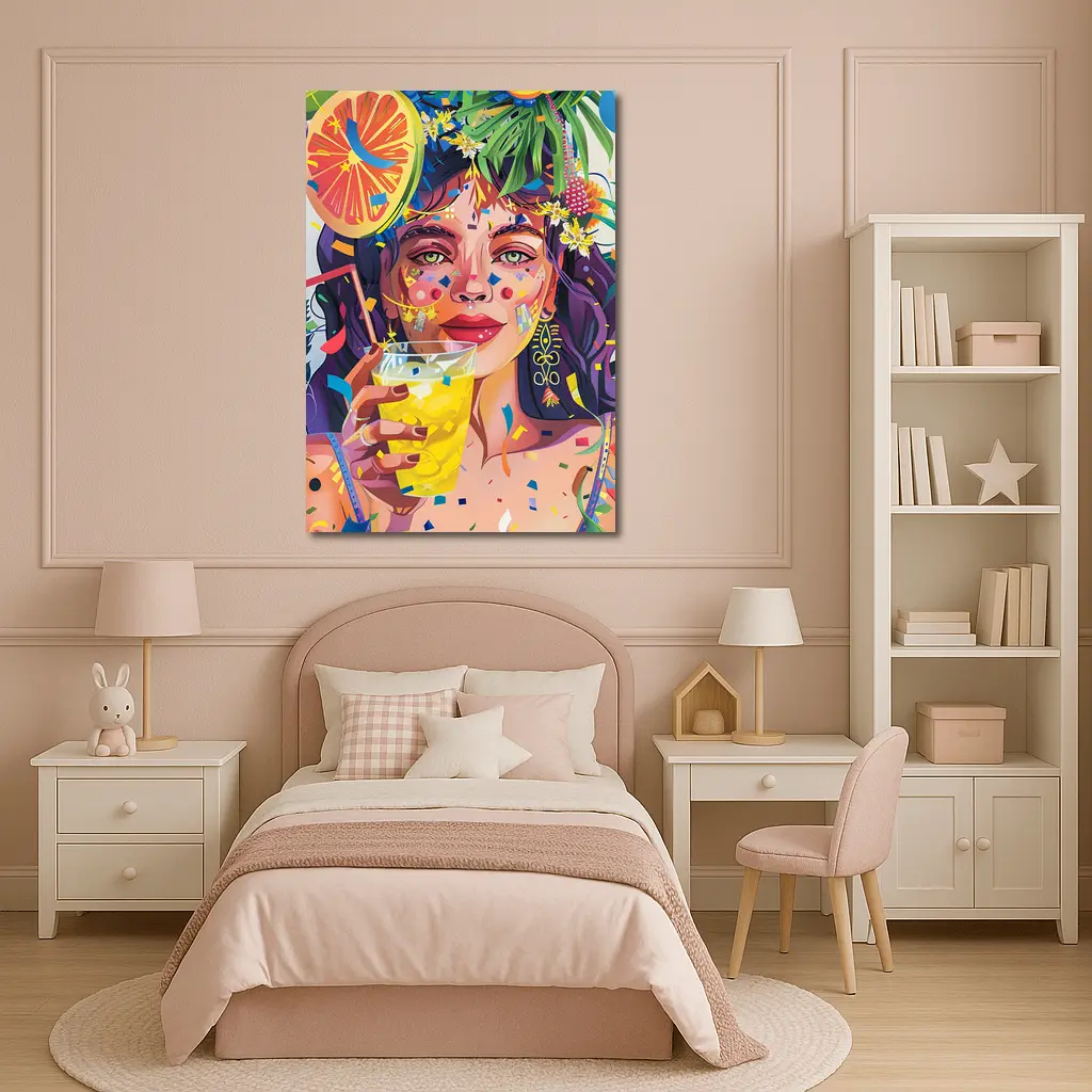 Colorful Woman Drinking Tropical Party Art – Wall Art
