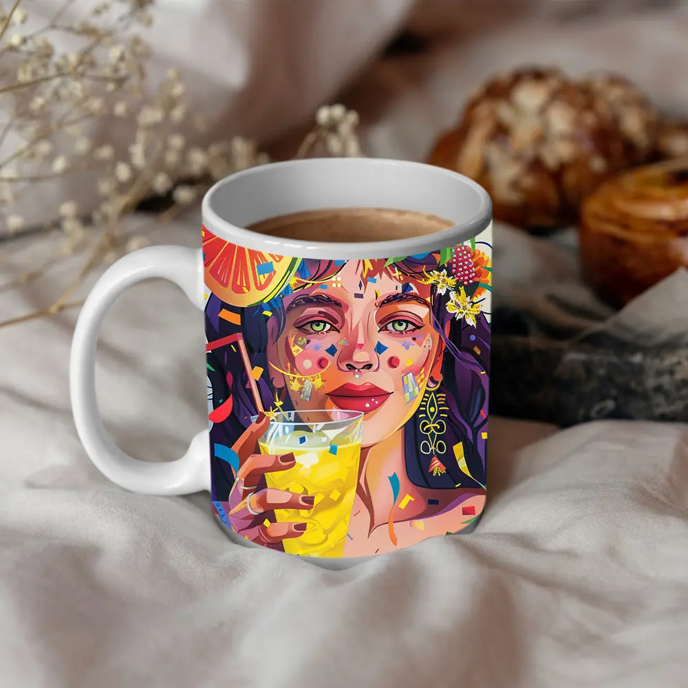 Colorful Woman Drinking Tropical Party Art – Mugs