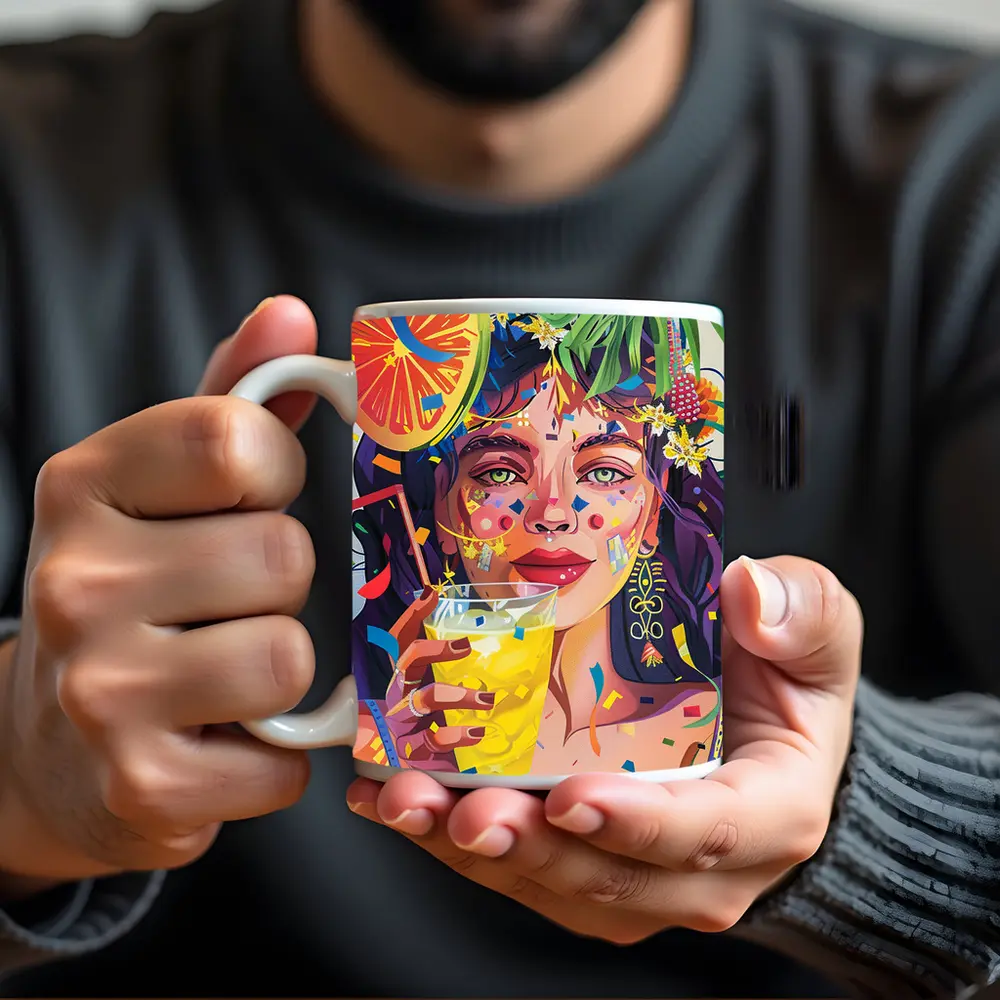 Colorful Woman Drinking Tropical Party Art – Mugs