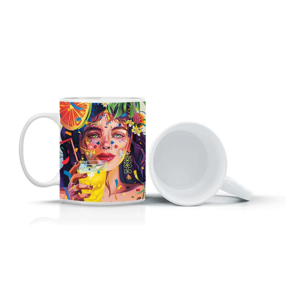 Colorful Woman Drinking Tropical Party Art – Mugs