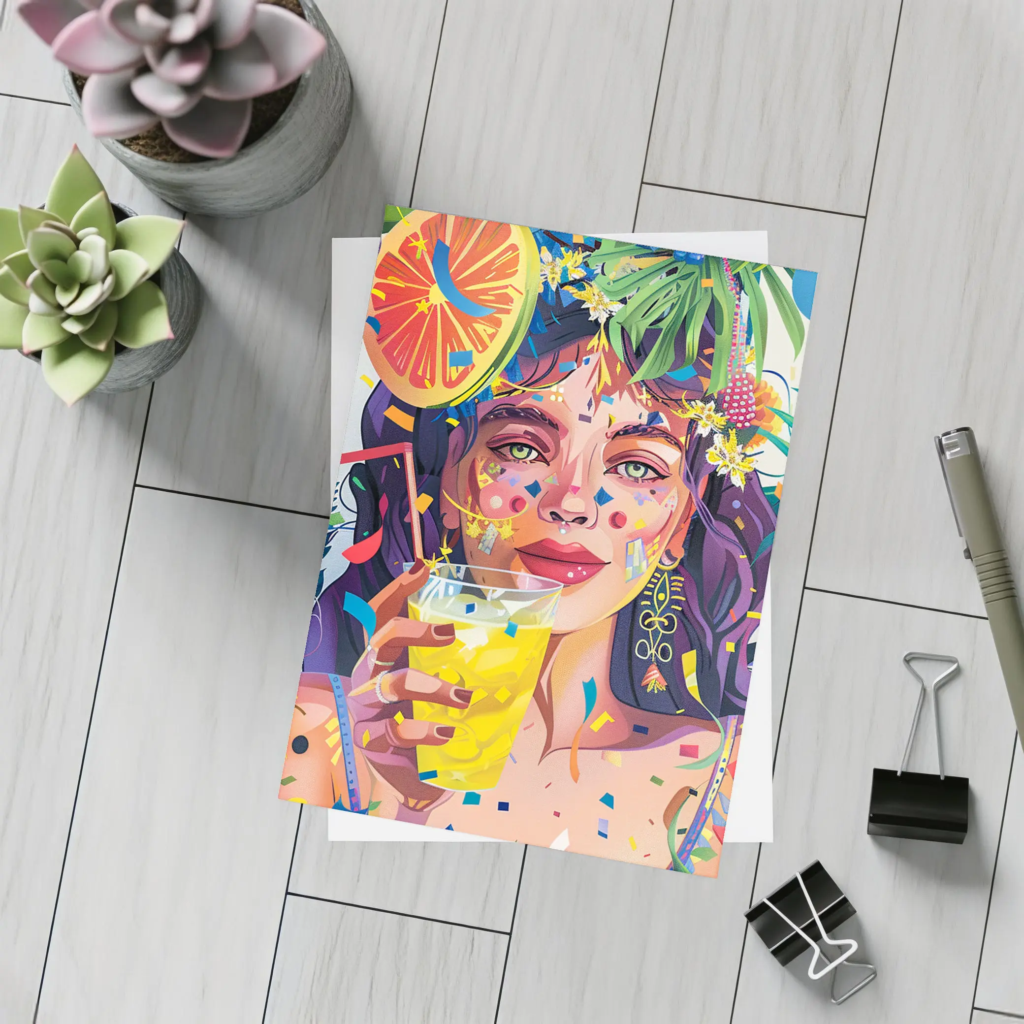 Colorful Woman Drinking Tropical Party Art – Postcards
