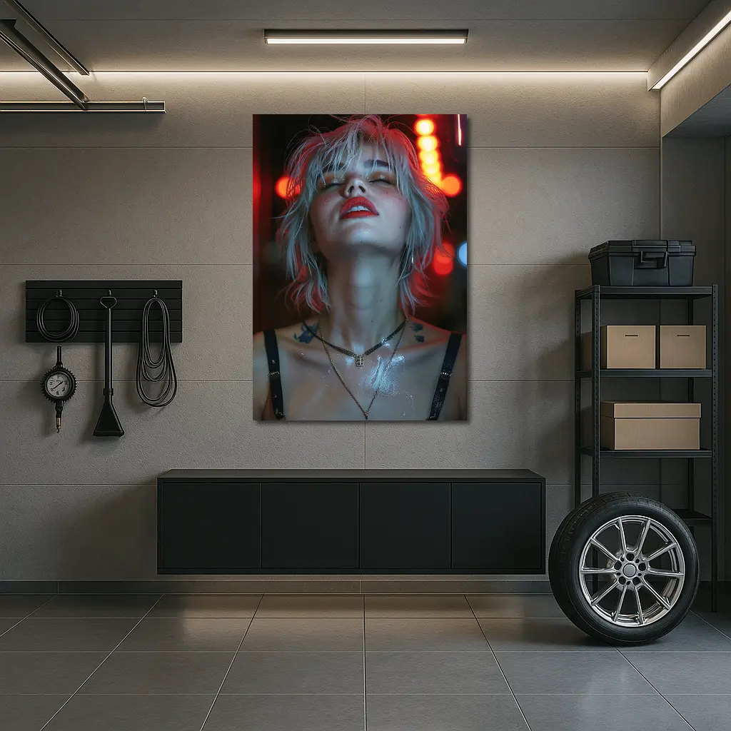 Blonde Woman Red Neon Lights Dark Background – Wall Art