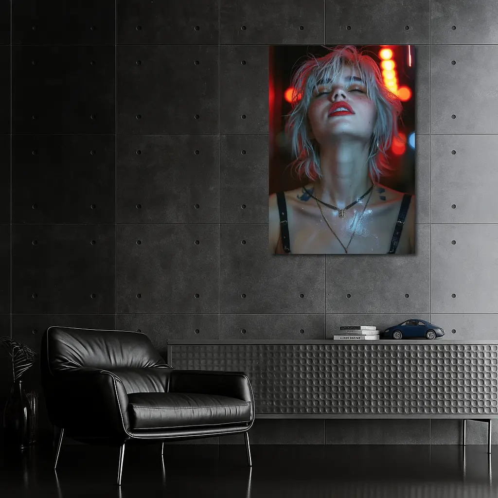 Blonde Woman Red Neon Lights Dark Background – Wall Art