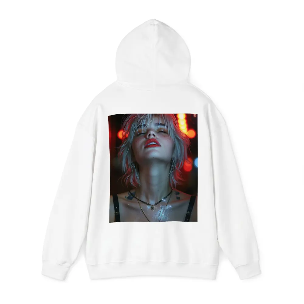 Blonde Woman Red Neon Lights Dark Background – Hoodies