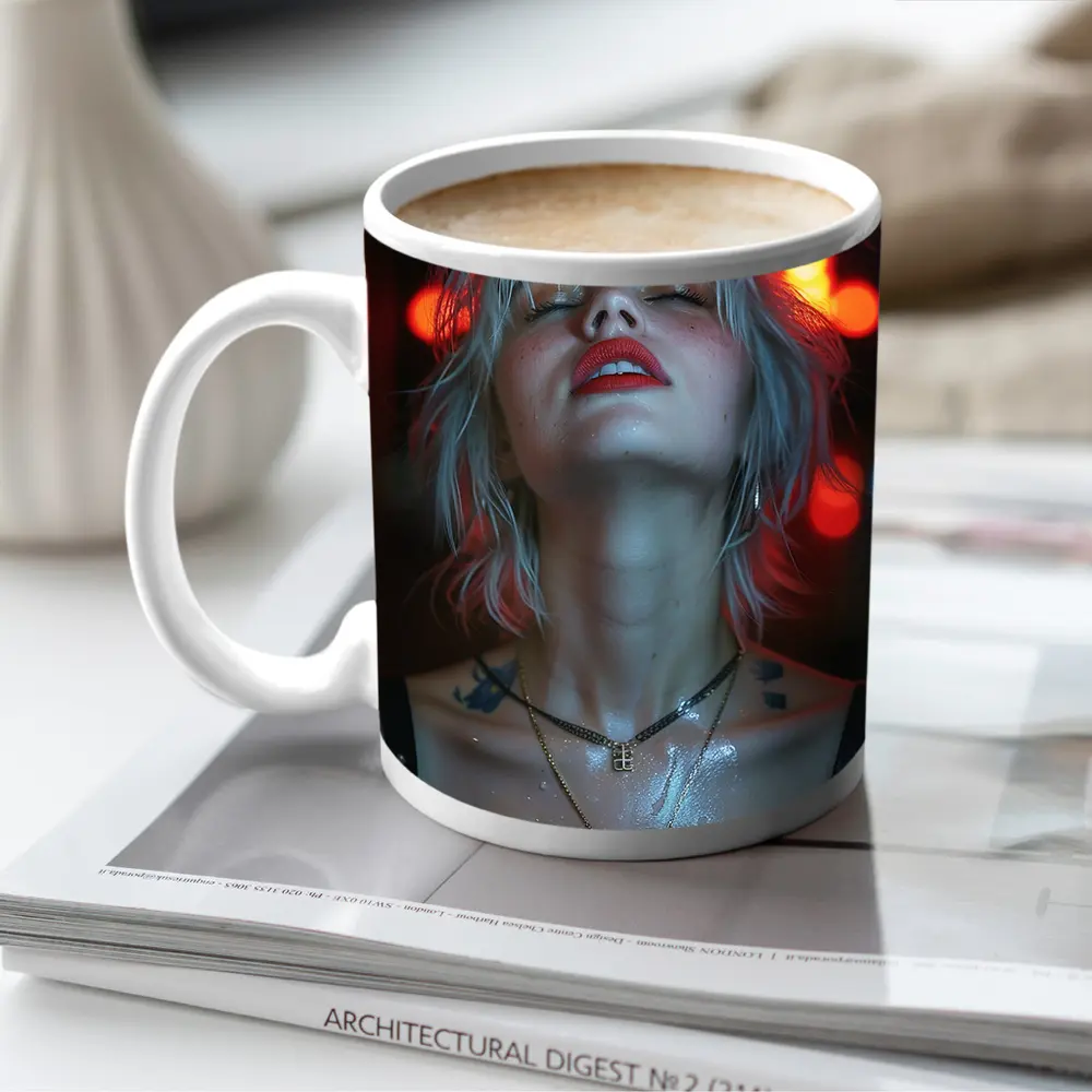 Blonde Woman Red Neon Lights Dark Background – Mugs