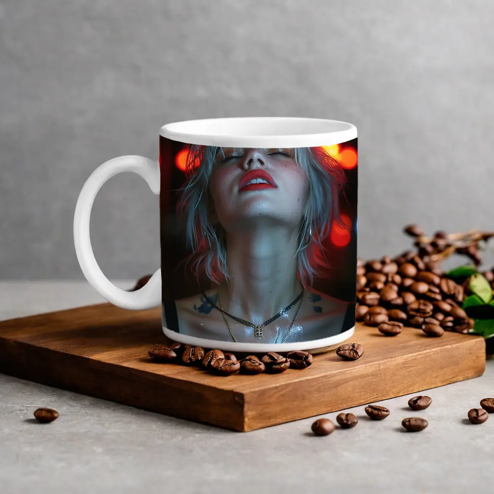 Blonde Woman Red Neon Lights Dark Background – Mugs