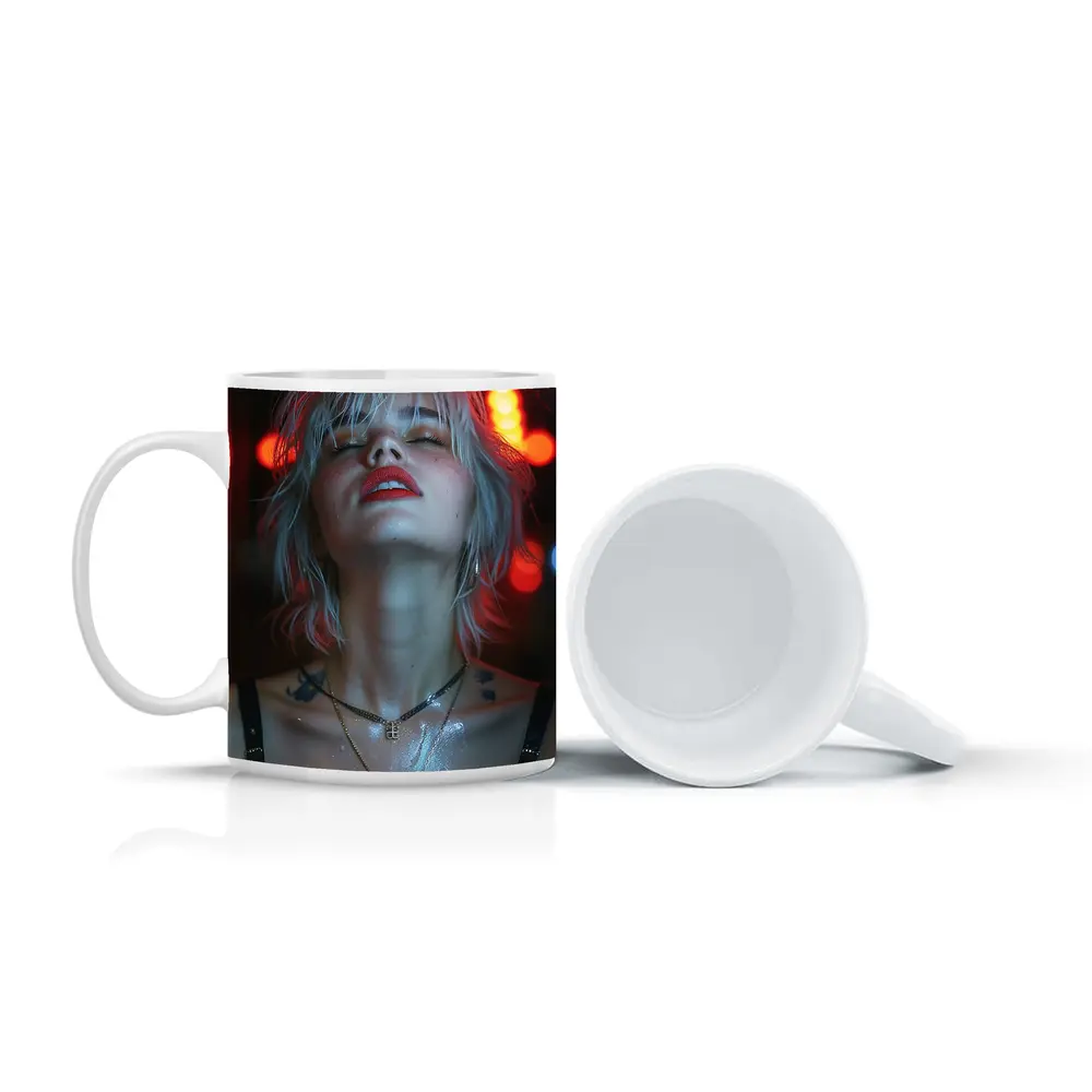 Blonde Woman Red Neon Lights Dark Background – Mugs